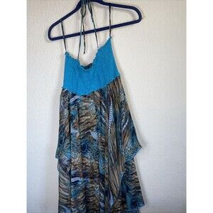 vintage Peacock Feathers Halter Dress fairy whimsical handkerchief L USA 90s